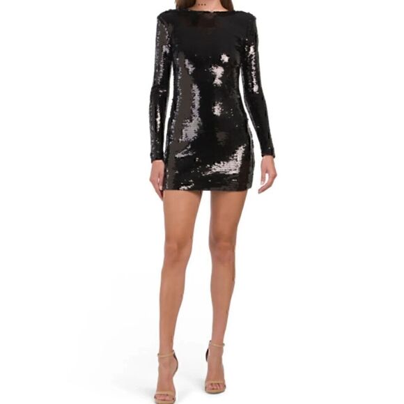 FRAME Mini Dress Women's XL Black Sequined Lined Cotton Long Sleeve Backless - Picture 1 of 9